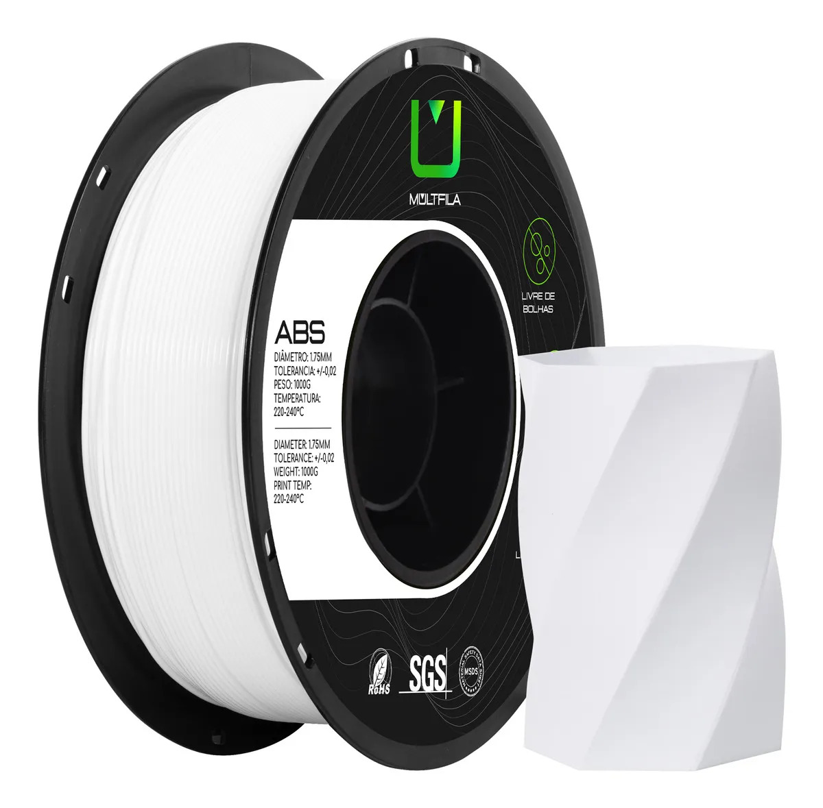 Imagem 1 de 1 de Filamento ABS Branco Multfila 1KG - 1.75mm Impressão 3D