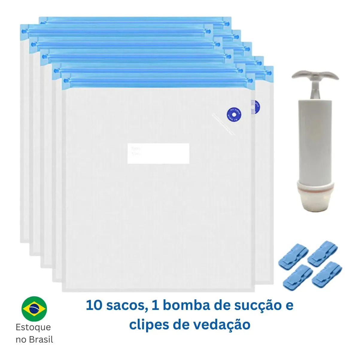 Imagem 1 de 8 de Kit 10 Sacos Herméticos + Bomba Manual Clip Vedação A Vácuo 300 mm x 340 mm para Filamentos de Impressora 3D PLA ABS PETG TPU