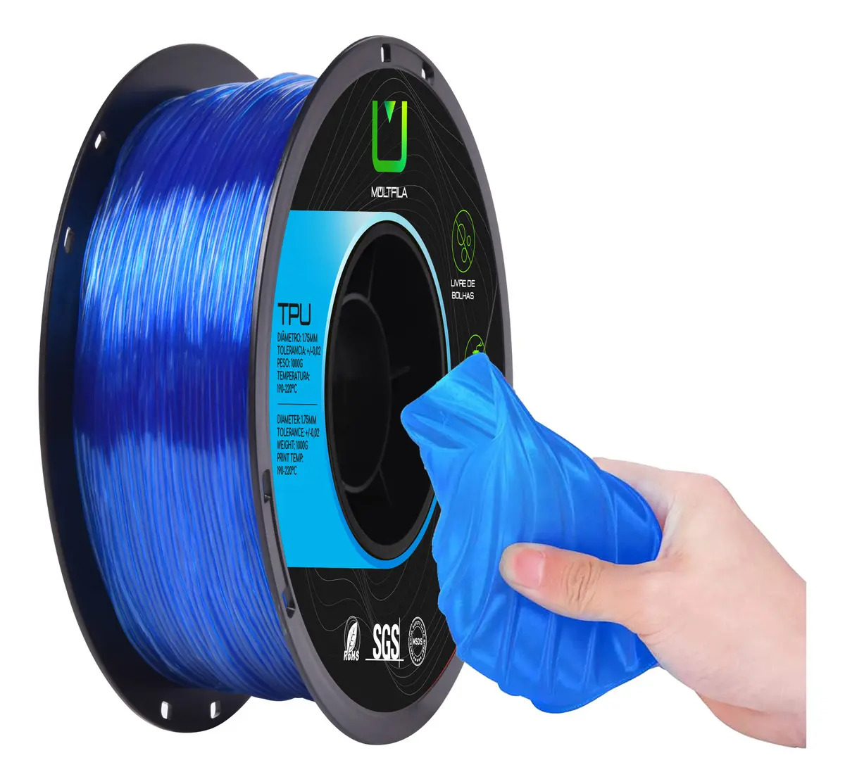 Imagem 1 de 4 de Filamento Tpu Translúcido Azul 1kg Multfila Impressora 3d Azul