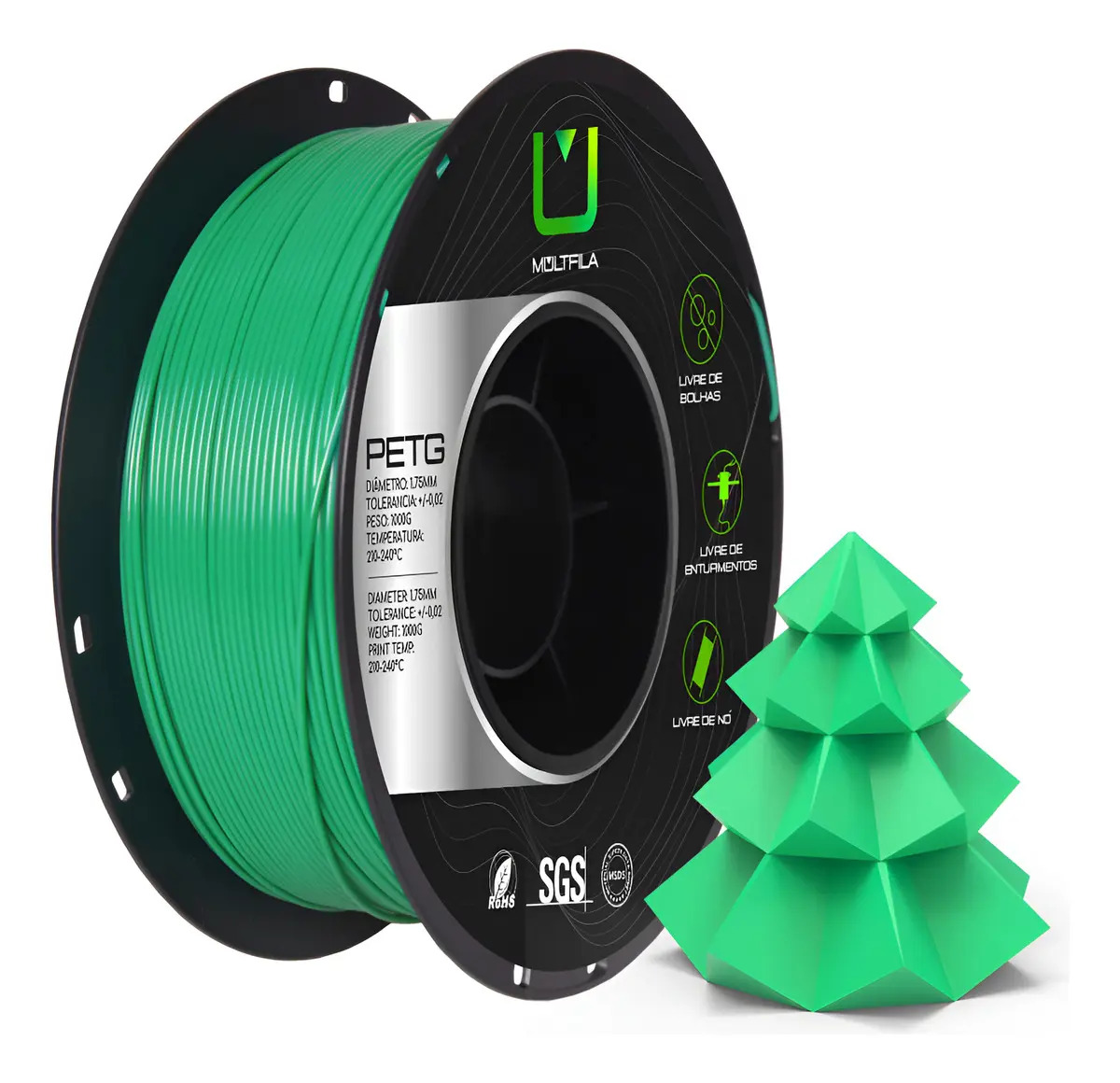Imagem 1 de 1 de Filamento PETG Verde 1.75mm 1Kg Multfila Impressora 3D Aderência Superior