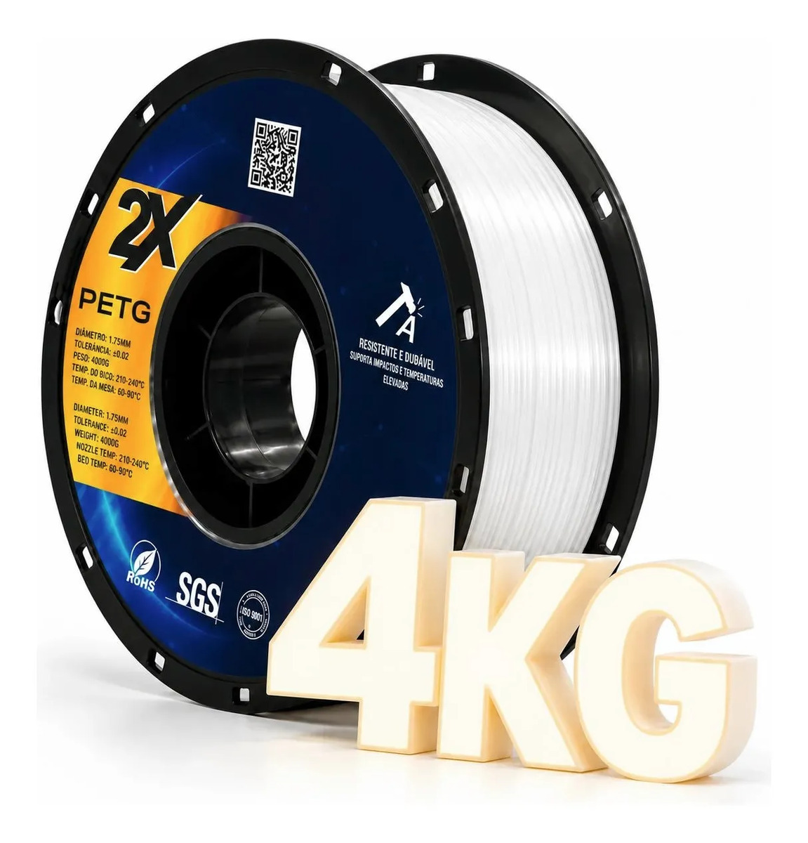 Imagem 1 de 6 de Filamento Petg 2x 4kg Branco 1,75mm Letreiro